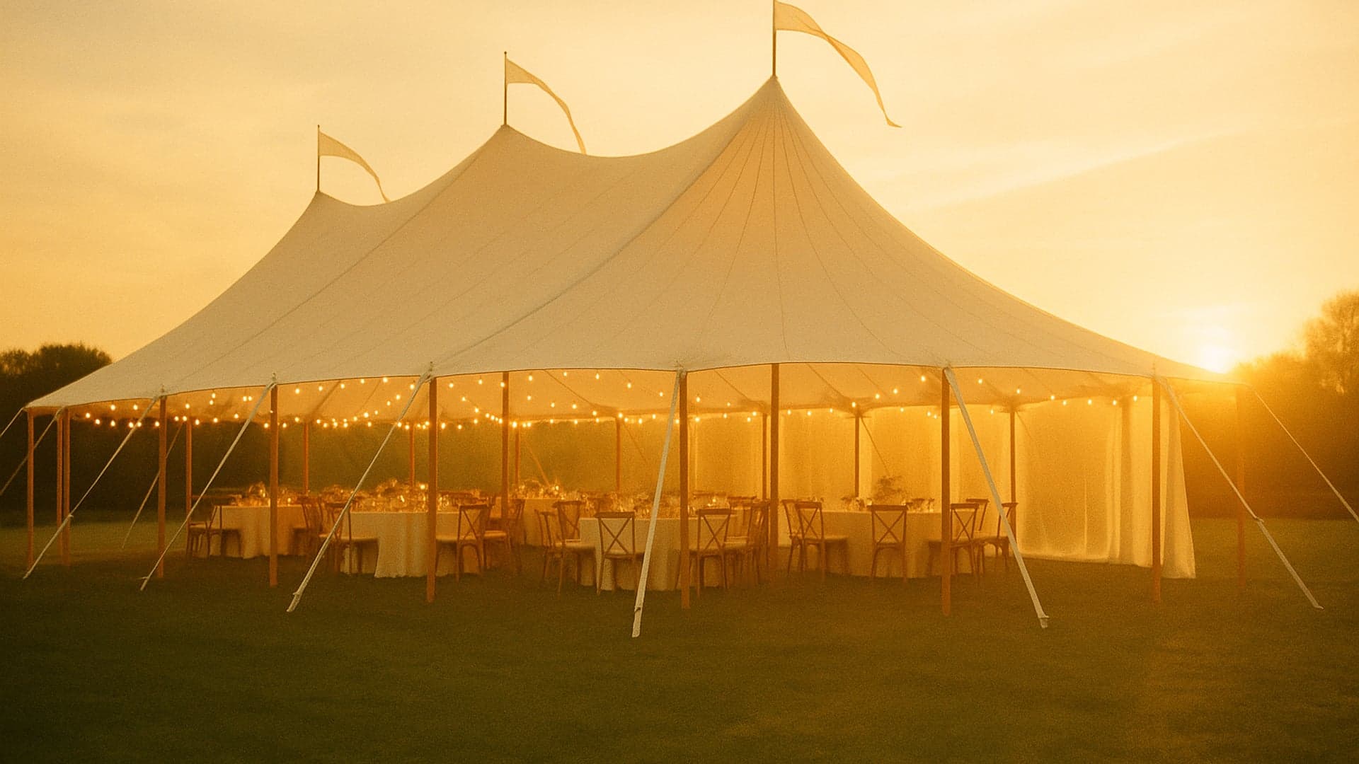 Sailcloth wedding tent at golden hour with set tables and string lights